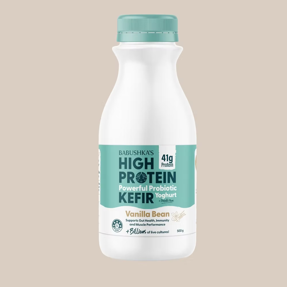 Bottle of Babushka's High Protein Kefir Yoghurt with a beige background