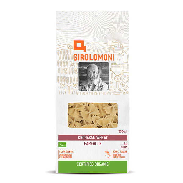 Girolomoni pasta packaging with a portrait of an elderly man on a white background