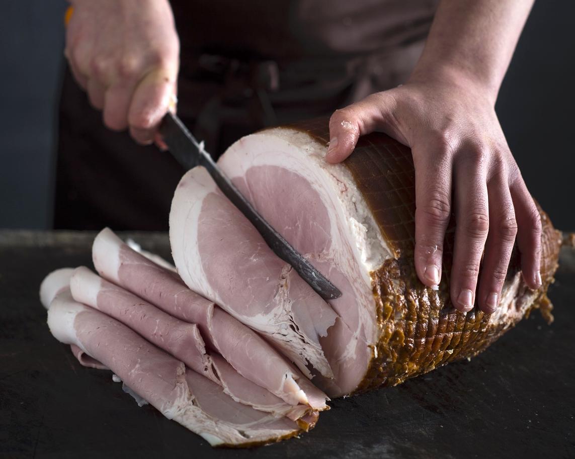 Feather and Bone pastured pork leg ham, sliced