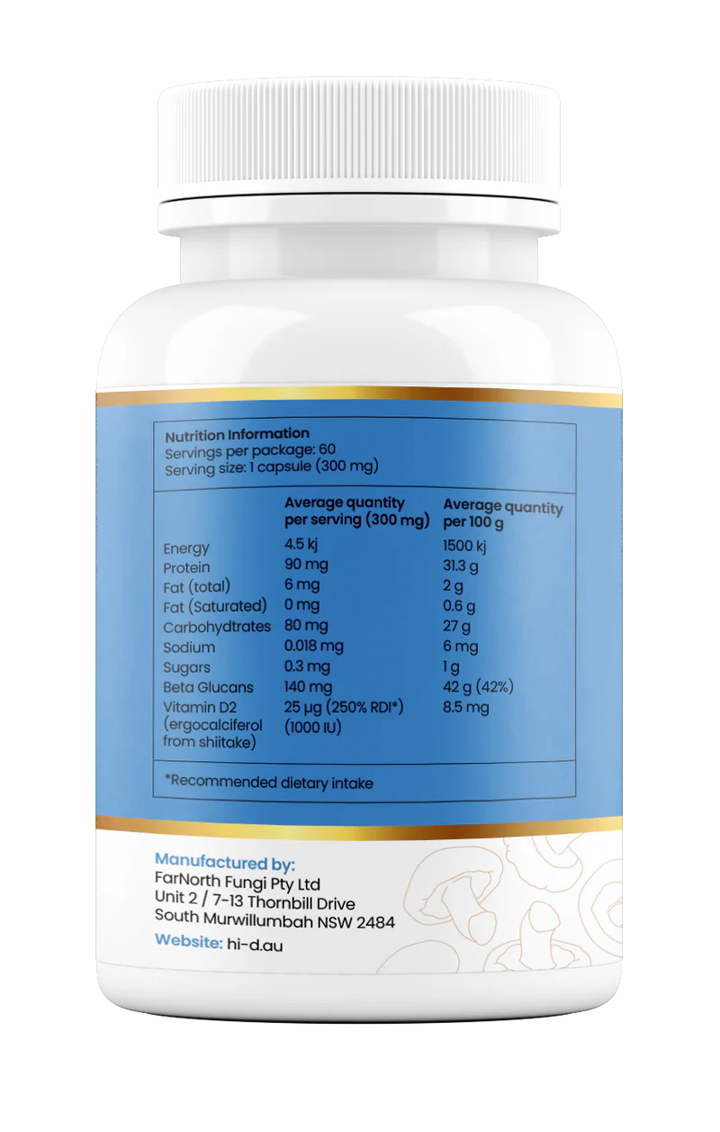 Hi-D Natural Vitamin D 1000IU + Beta Glucan 100% Shiitake Mushroom Powder 60C