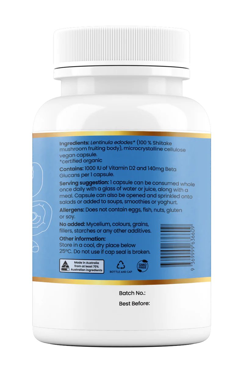 Hi-D Natural Vitamin D 1000IU + Beta Glucan 100% Shiitake Mushroom Powder 60C