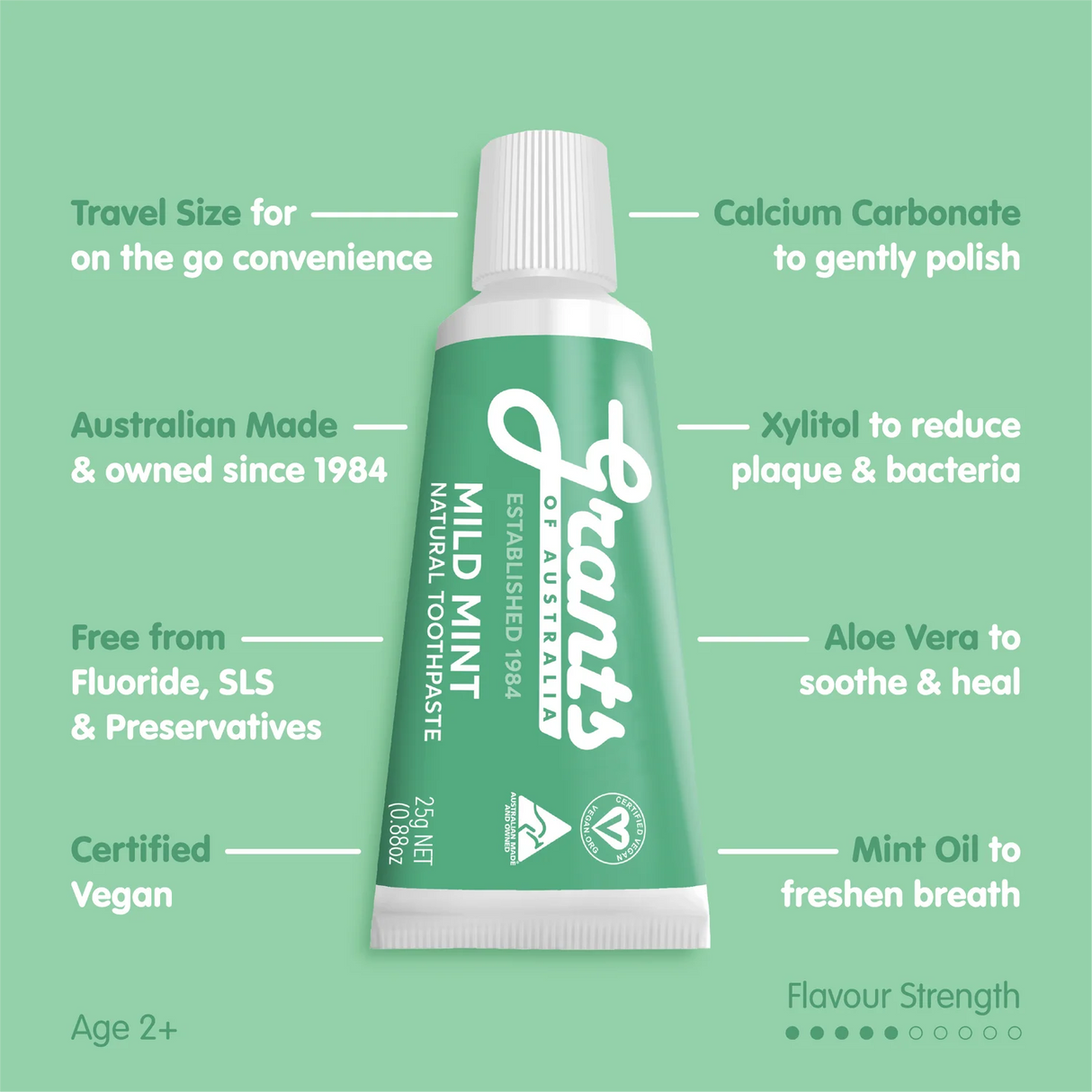 Grants of Australia Mild Mint Natural Toothpaste Fluoride Free Travel Size 25g