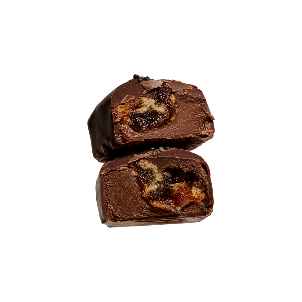 Loco Love Black Sesame & Date bar cut open showing the sesame and date centre