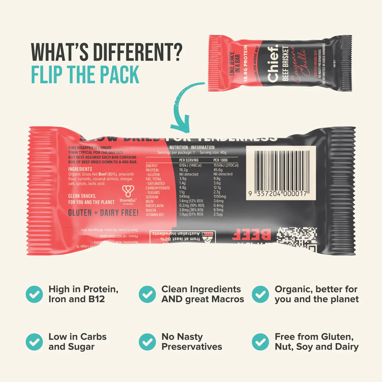 Chief Organic Beef Bars - Cayenne Chilli 40g