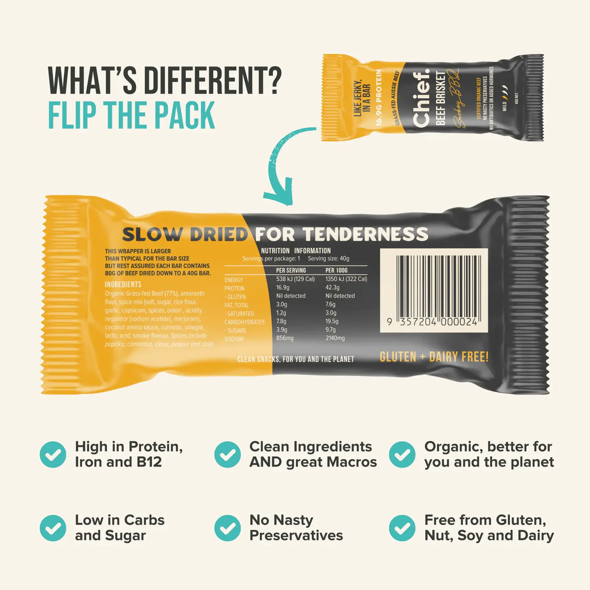 Chief Organic Beef Bars - Smokey BBQ 40g