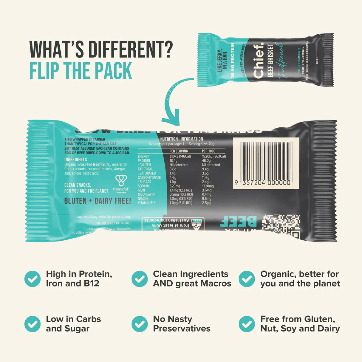 Chief Organic Beef Bars - Traditional 40g