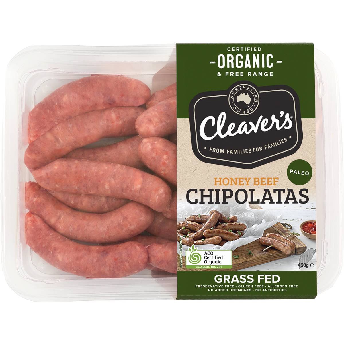 Cleavers Organic Honey Beef Chipolatas 450g