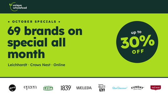 October specials at Unique Wholefood: 69 brands on special all month, up to 30% off