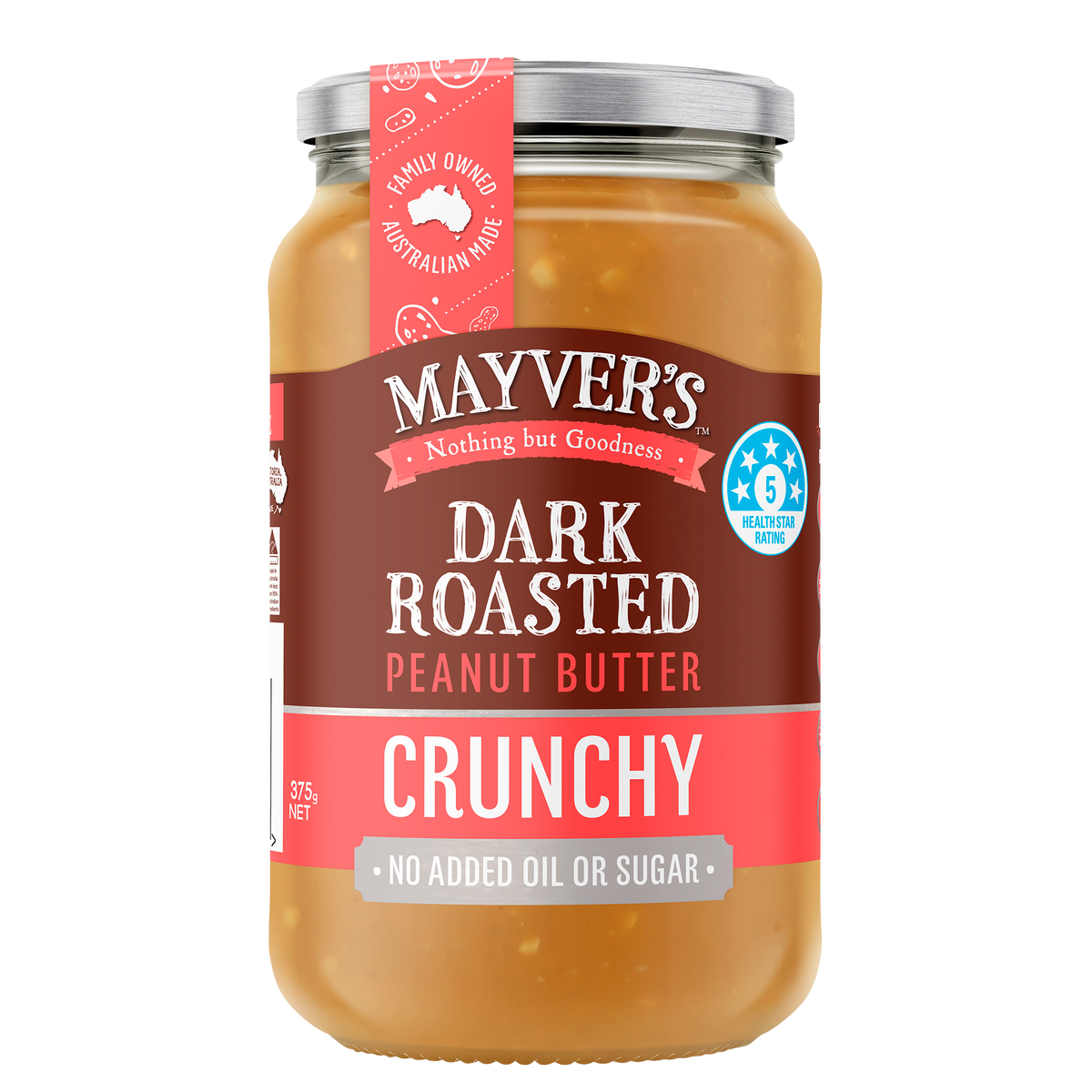 Mayver's Crunchy Dark Roasted Peanut Butter 375g