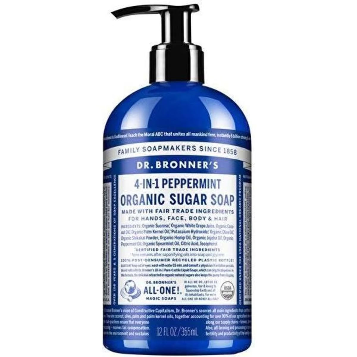 Dr Bronners Organic Pump Soap (Sugar 4in1) Peppermint 355ml