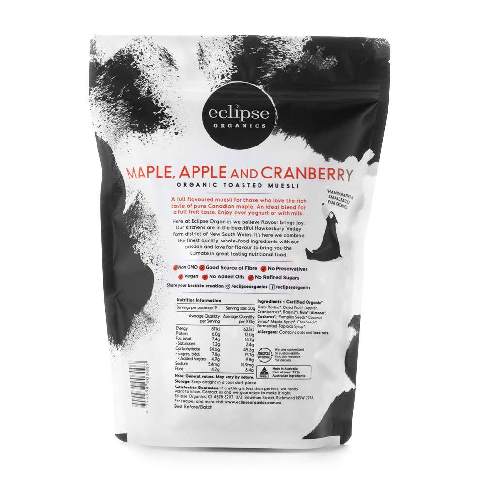 Eclipse Organics Toasted Muesli – Maple Apple and Cranberry 450g