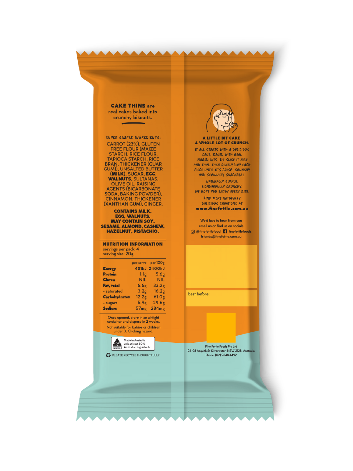 Fine Fettle Carrot Cake Thins back of pack