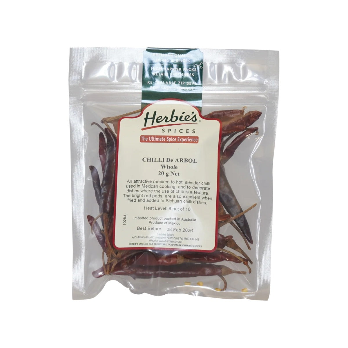 Herbies Chilli De Arbol Whole 20g
