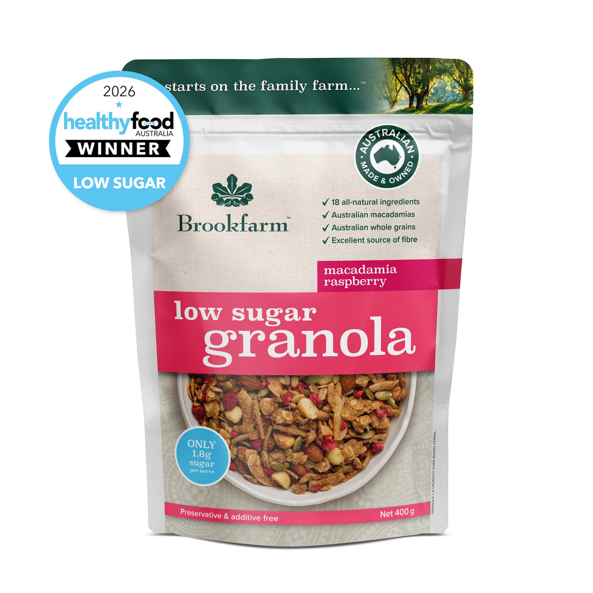 Brookfarm Low Sugar Granola Macadamia Raspberry 400g