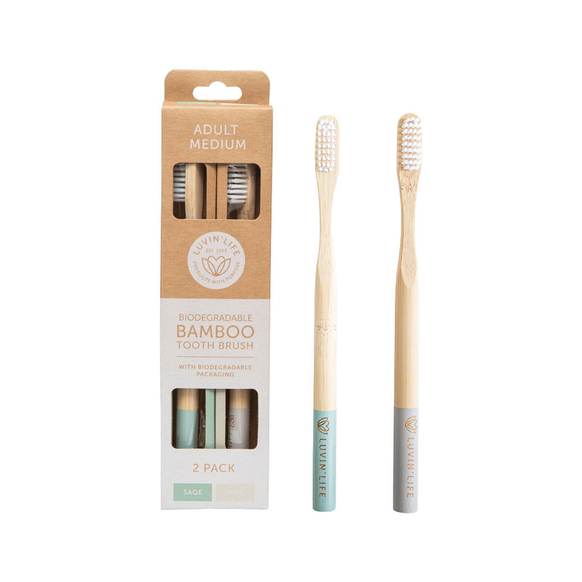 Luvin Life medium bristle toothbrushes in sage, two pack