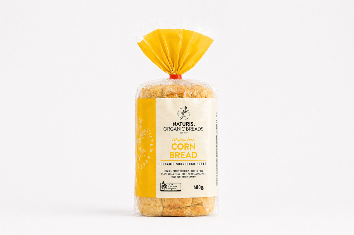 Packaged corn bread with a yellow label on a white background