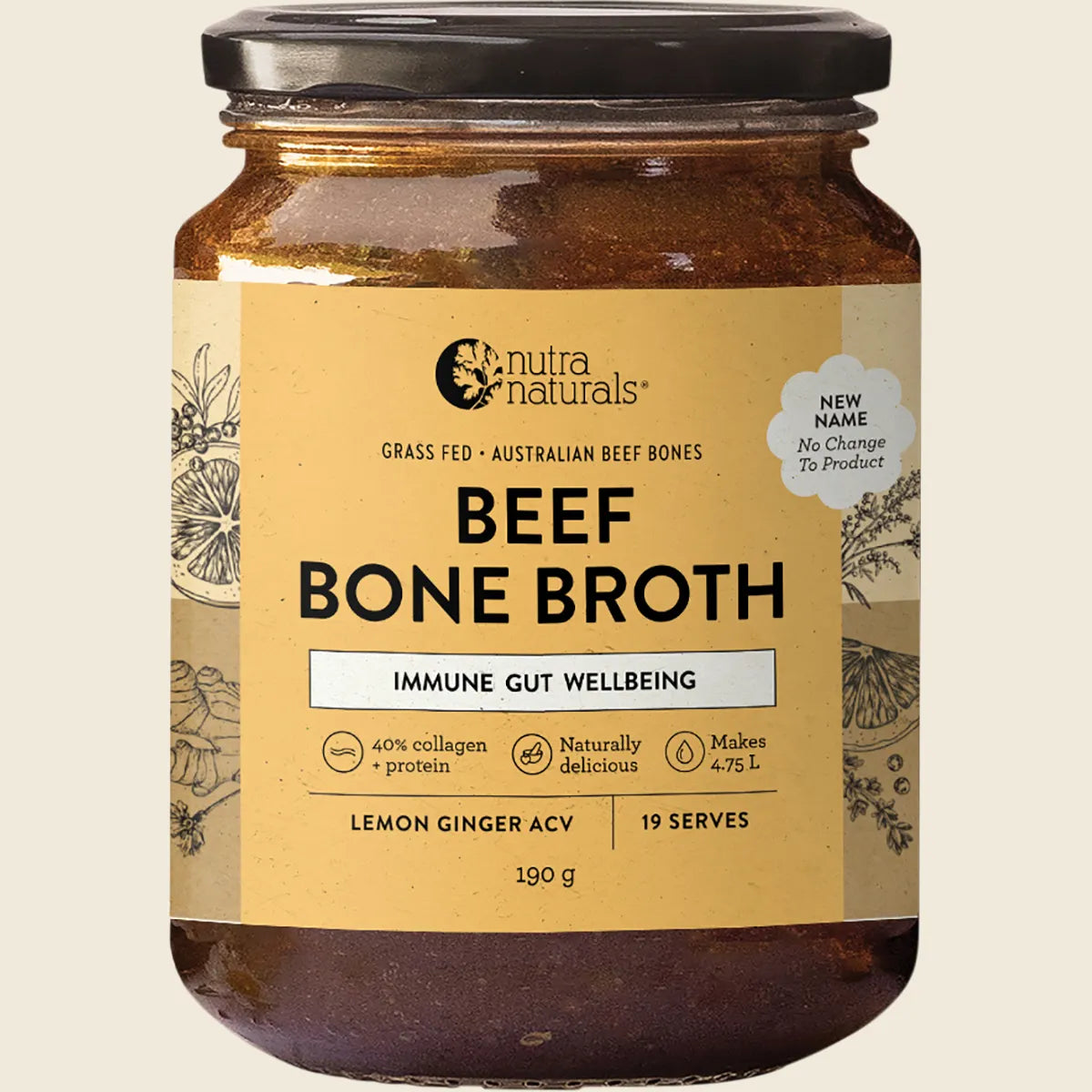 Nutra Organics Beef Bone Broth Concentrate Lemon, Ginger, ACV 190g