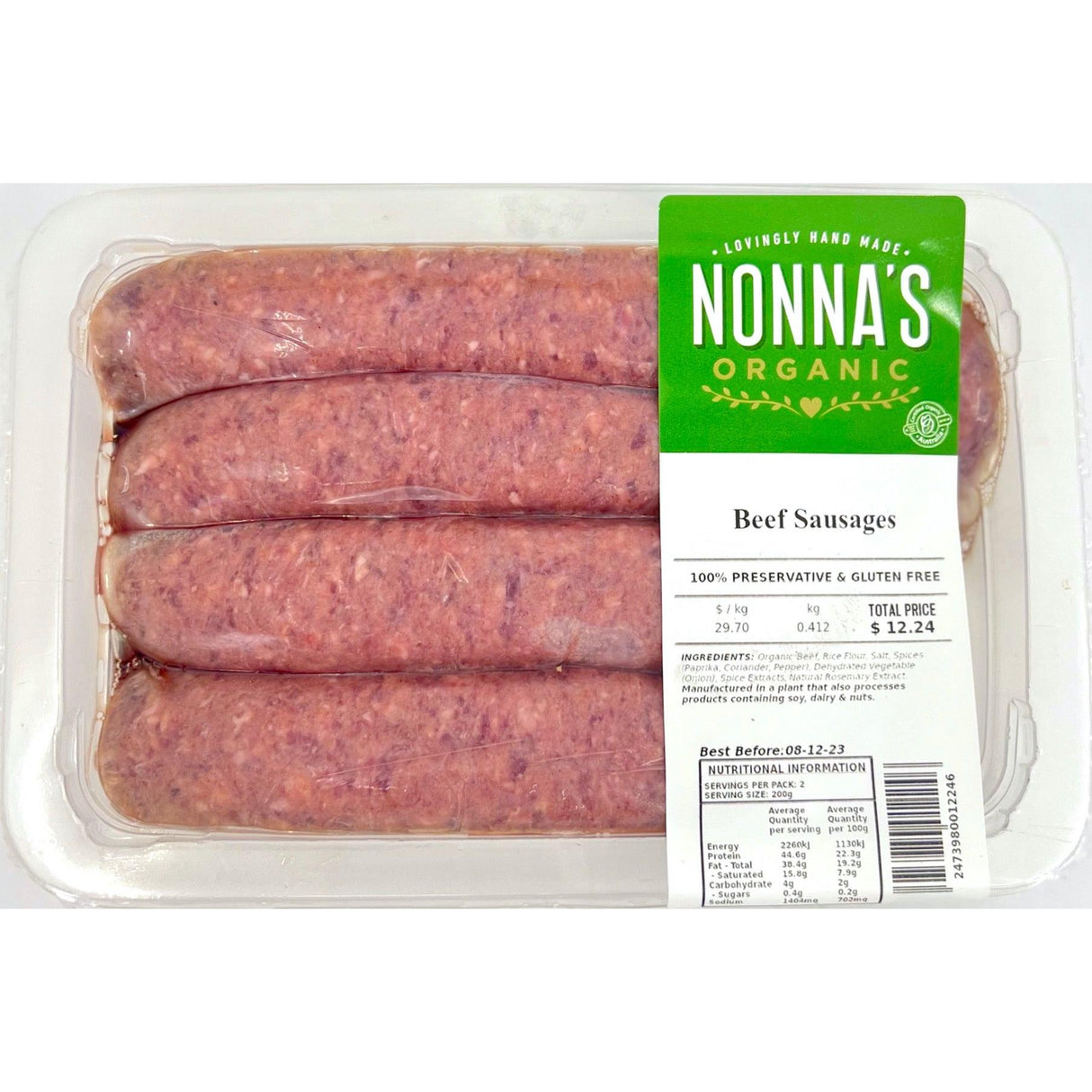 Nonna's Organic Meat Grass Fed Beef Sausages Per Kg