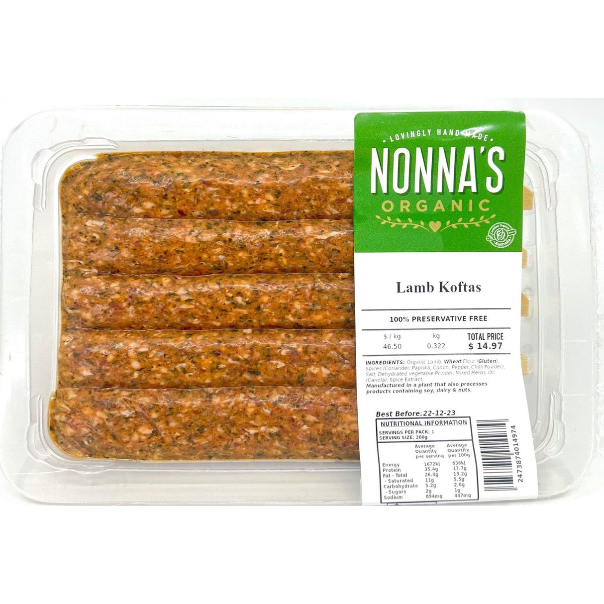 Nonna's Organic Meat Lamb Koftas Per Kg