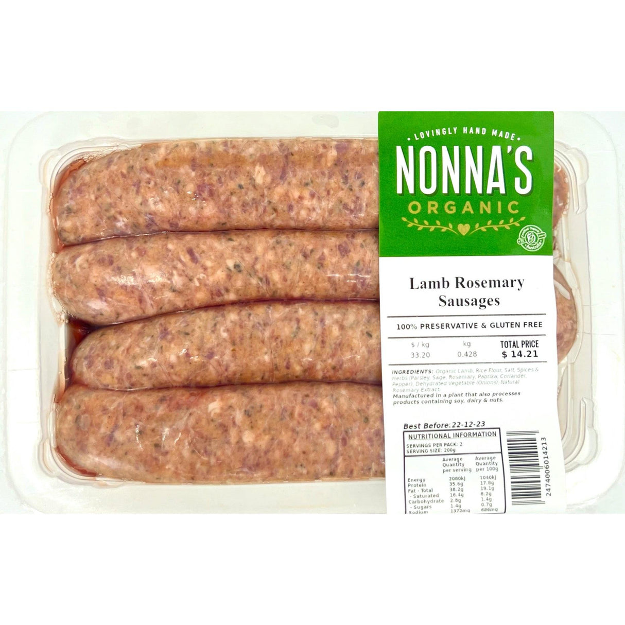 Nonna's Organic Meat Lamb Rosemary Sausages Per Kg