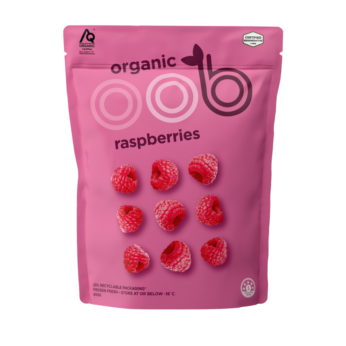 oob organic Frozen Raspberries 450g pack