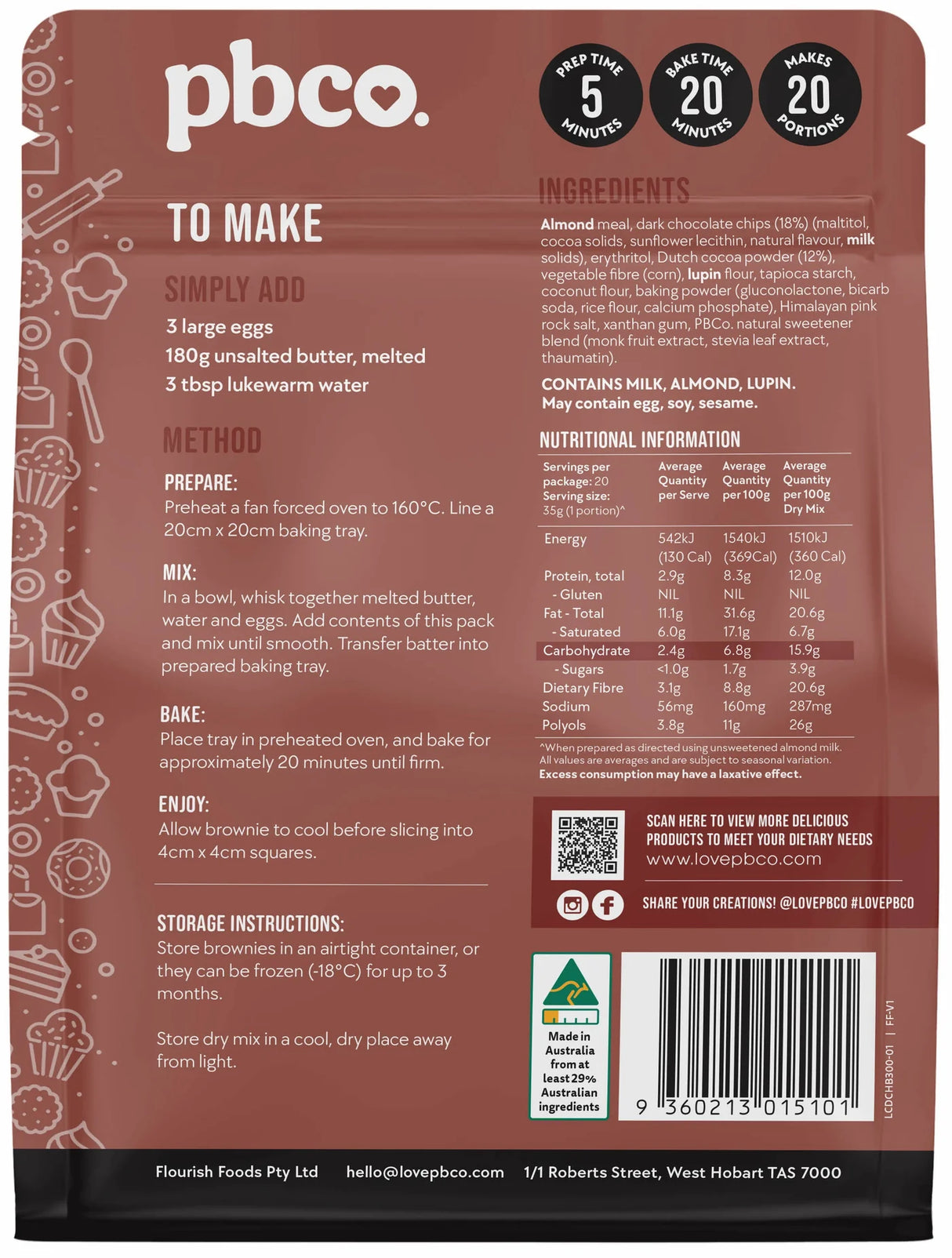 PBCO Low Carb Double Choc Brownie Mix 300g