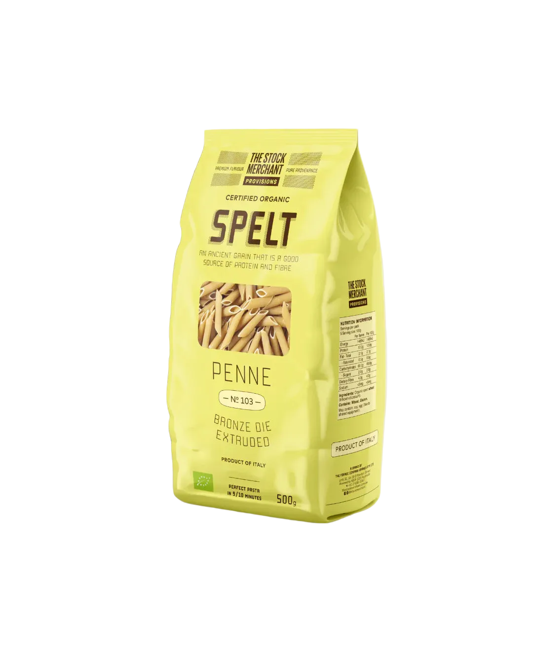 Yellow package of spelt penne pasta on a white background
