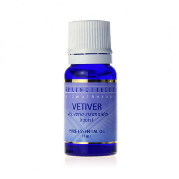 Springfields Vetiver pure essential oil in an 11ml amber bottle