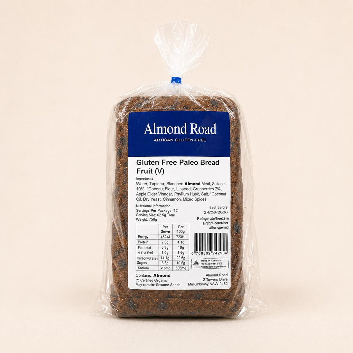 Almond Road Gluten Free Vegan Paleo Bread Fruit 750g