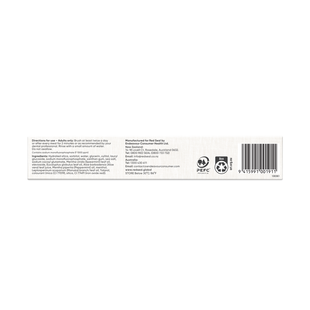 Red Seal Whitening Fluoride Brilliant Mint Toothpaste 100g back of pack