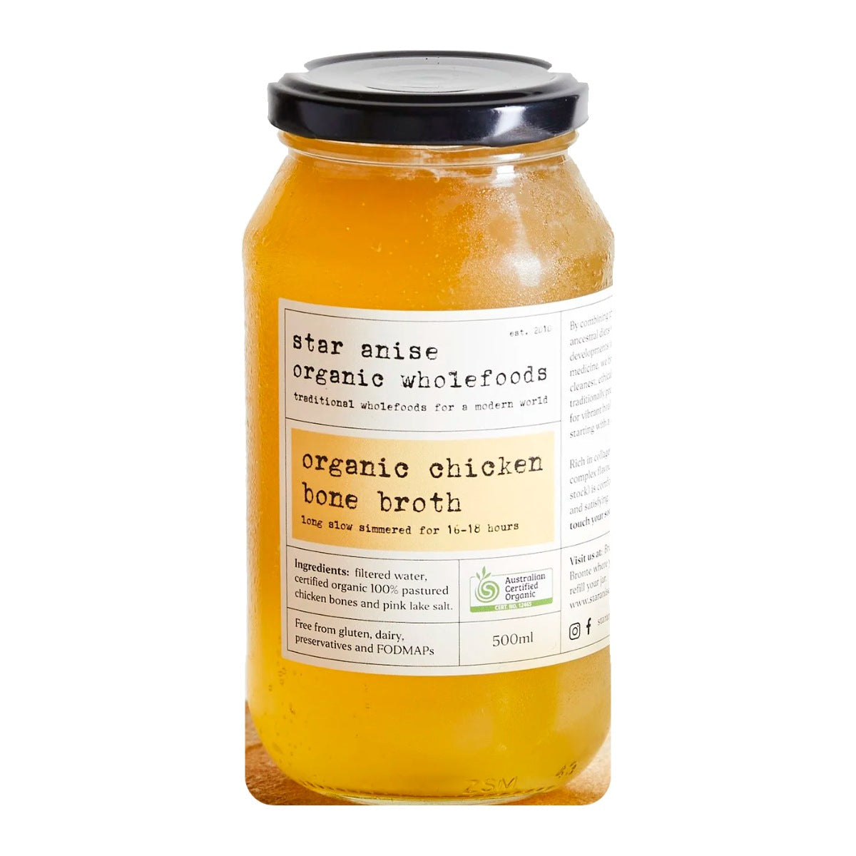 Star Anise Organic Wholefoods organic chicken bone broth 500ml glass jar