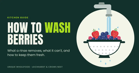 How to wash berries: a colander of strawberries, blueberries and raspberries under a running tap, article banner