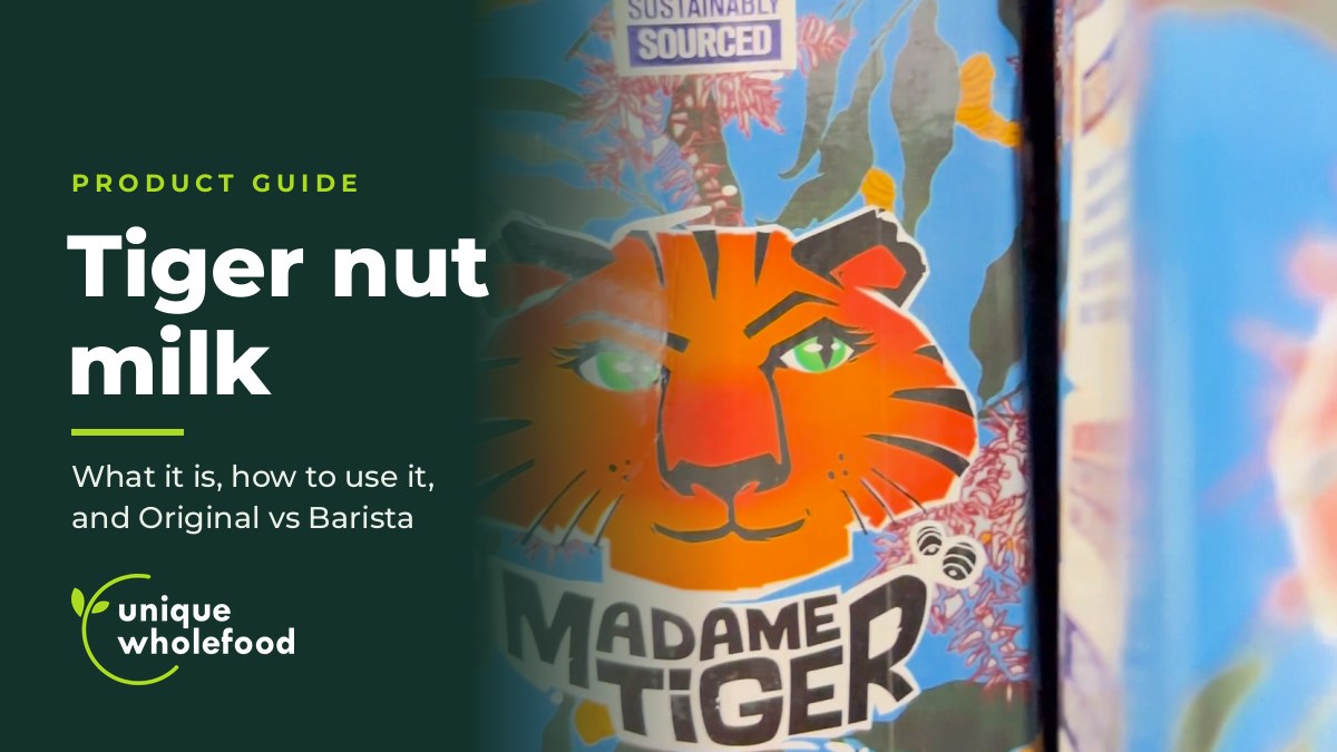 Tiger nut milk product guide banner showing a Madame Tiger carton