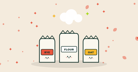 Illustration of three flour bags labelled rye, flour and oat