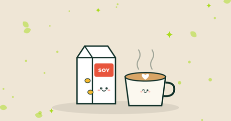 Illustration of a soy milk carton next to a latte