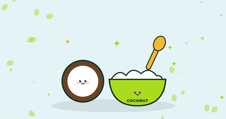 Illustration of a halved coconut and a bowl of coconut yoghurt
