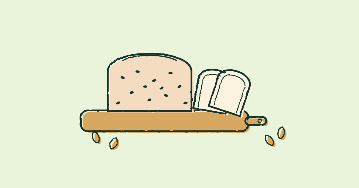Illustration of a sliced nut and seed loaf on a wooden board with almonds