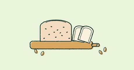 Illustration of a sliced nut and seed loaf on a wooden board with almonds