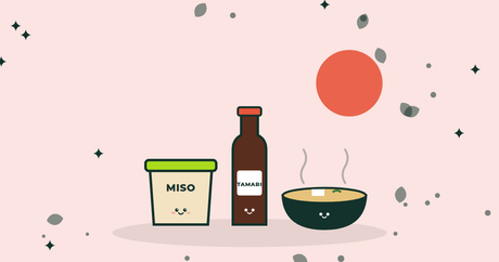 Illustration of miso, a tamari bottle and a bowl of dashi