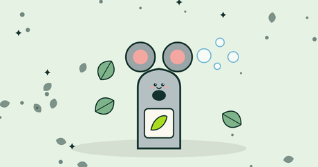 Illustration of a koala-shaped cleaning bottle with eucalyptus leaves and bubbles
