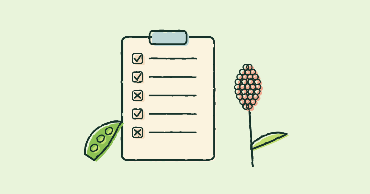Illustration of a shopping list with ticks and crosses beside a bean pod and a sorghum stalk