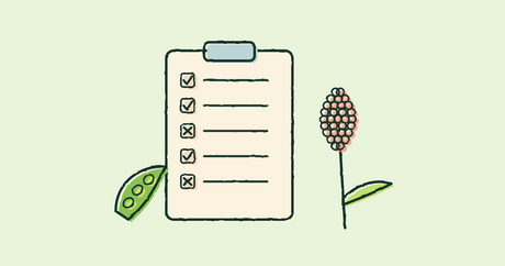 Illustration of a shopping list with ticks and crosses beside a bean pod and a sorghum stalk