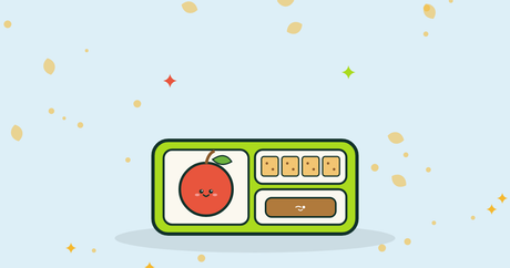Illustration of a lunchbox with an apple, crackers and a snack bar