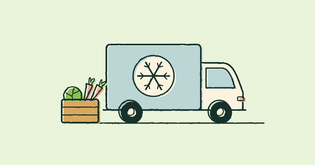 Illustration of a refrigerated delivery van beside a crate of fresh vegetables