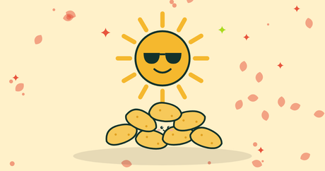 Illustration of a smiling sun in sunglasses above a pile of chips