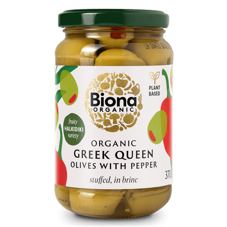 Biona Organic Greek Queen Olives Stuffed with Red Pepper 370g