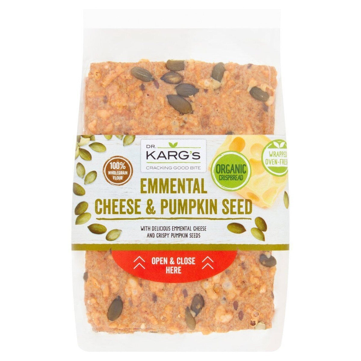 Packaged snack with Emmental cheese and pumpkin seed flavor, branded as Dr. Karg's, on a white background.