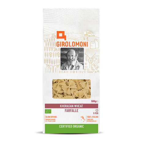 Girolomoni pasta packaging with a portrait of an elderly man on a white background