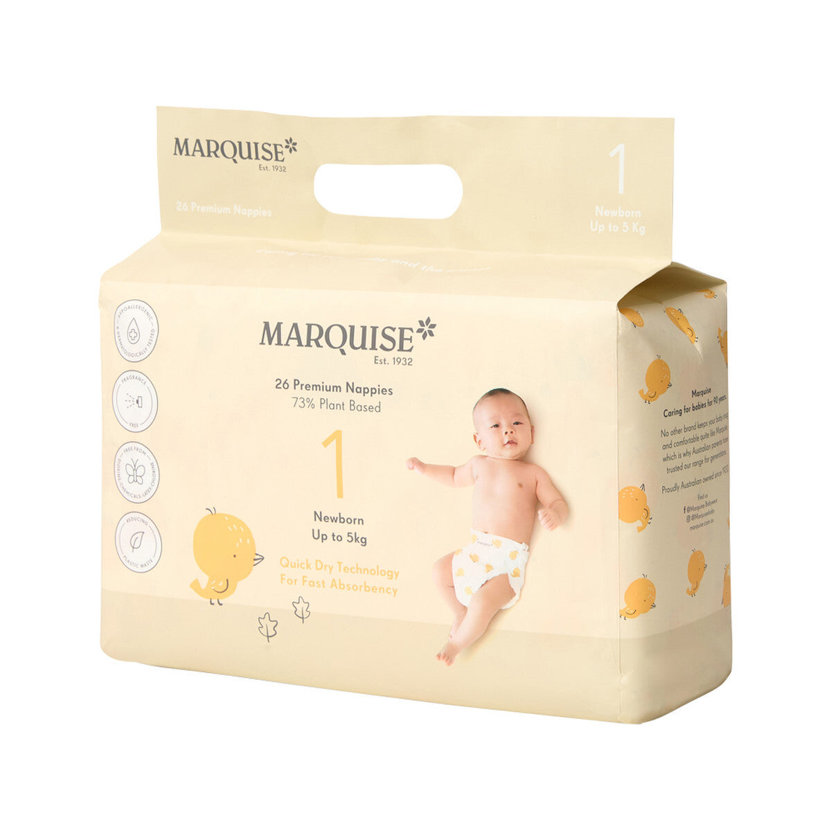 Marquise Premium Nappies (73% Plant Based) Newborn Size 1 (Up to 5kg) 26 Pack