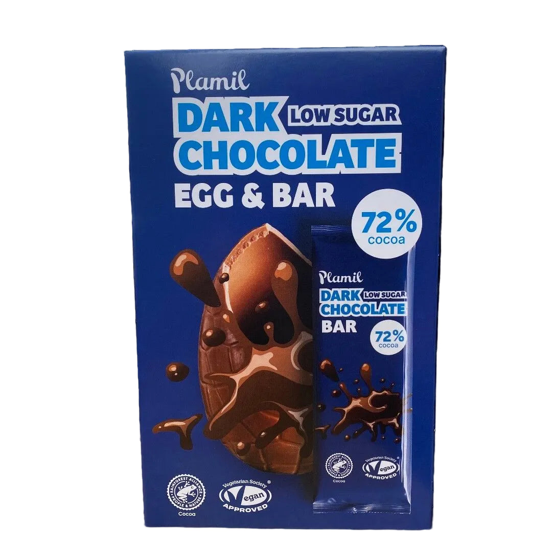 Plamil dark chocolate egg and bar packaging on a black background